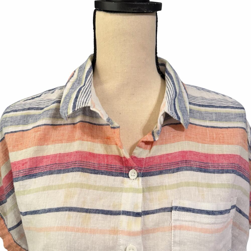 Beach Lunch Lounge Wmns White Blue Striped Boxy Linen Cotton Blend Blouse Sz M